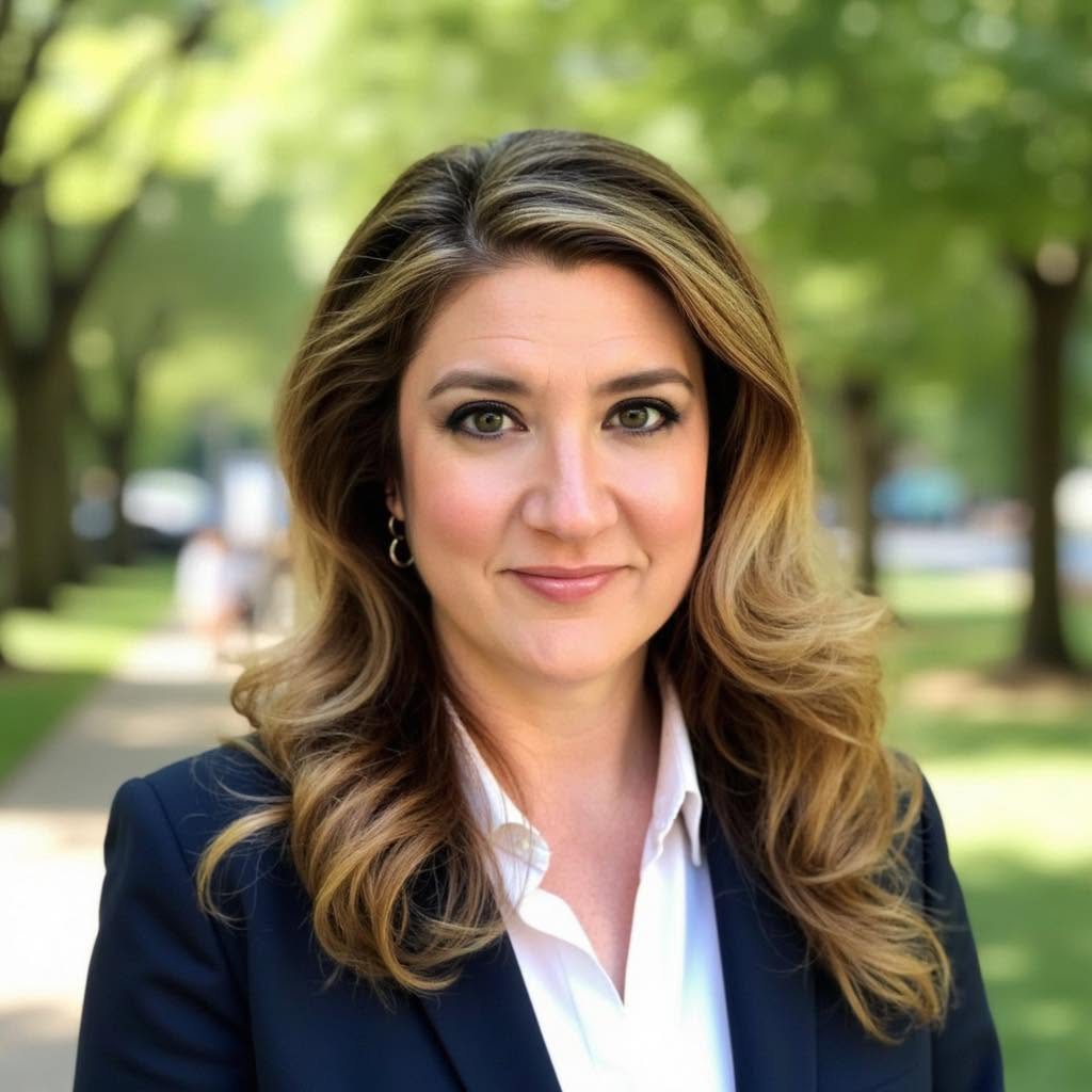 Confident woman smiling in a park setting.