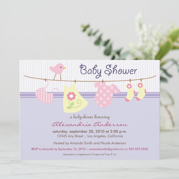 Baby shower invitation with playful designs.