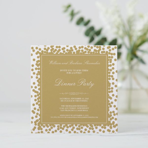 Elegant dinner party invitation with gold accents.