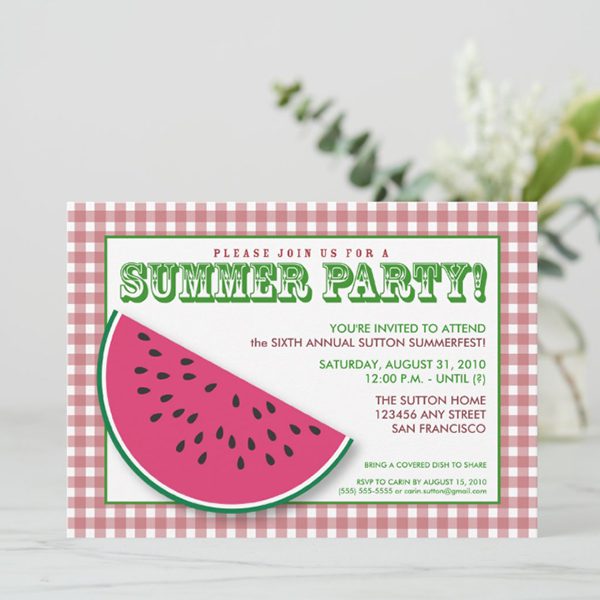 Colorful summer party invitation with watermelon design.