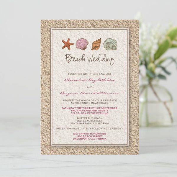 Beach wedding invitation with seashell illustrations.