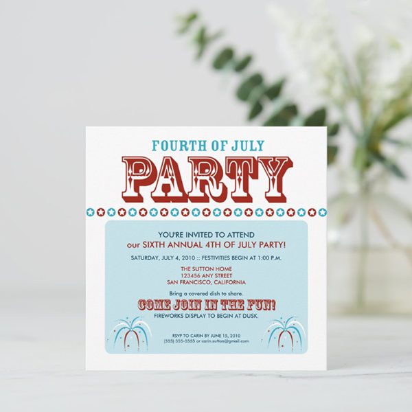 Fourth of July party invitation with festive details.