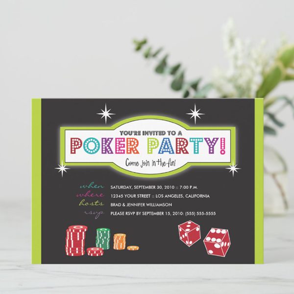 Colorful poker party invitation with details.