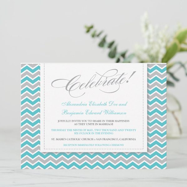 Wedding invitation with chevron pattern design.