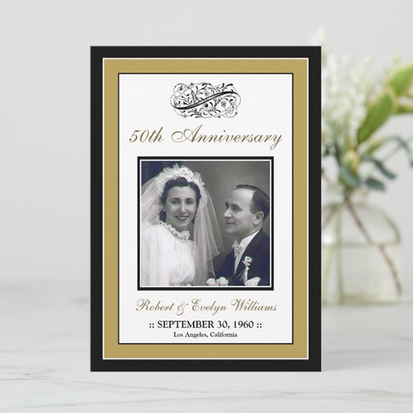 "50th anniversary card featuring a couple's photo."