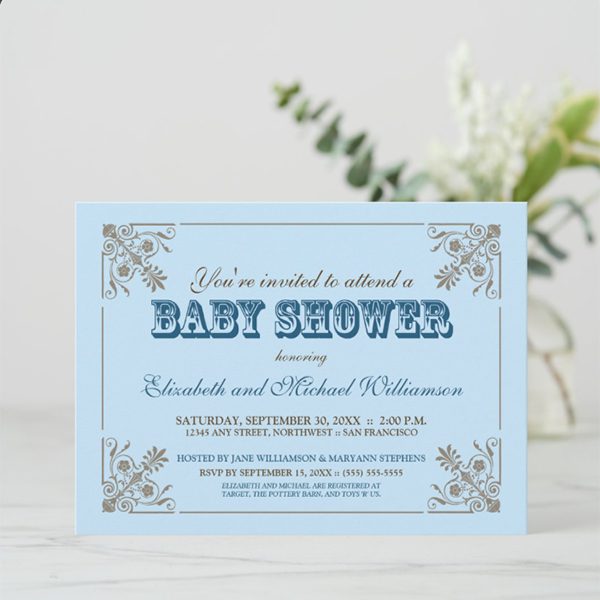 Elegant baby shower invitation in soft blue.