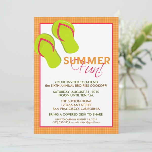Colorful summer BBQ invitation with flip-flops.