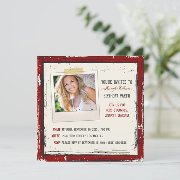 Birthday party invitation with photo and details.