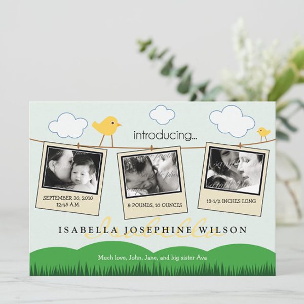 Newborn announcement card with photos and details.