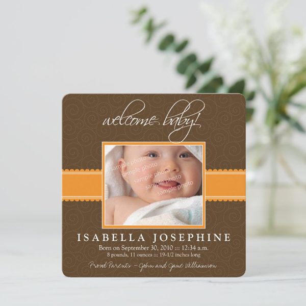 Newborn baby announcement card with photo.