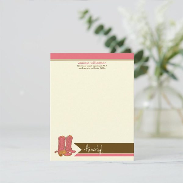 Personalized stationery featuring cowboy boots design.