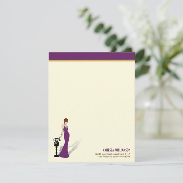 Elegant stationery featuring a woman in gown.