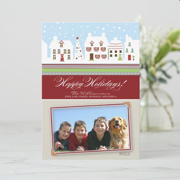 Holiday card featuring children and a dog.