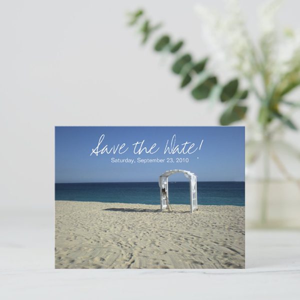 Beach wedding save the date announcement card.