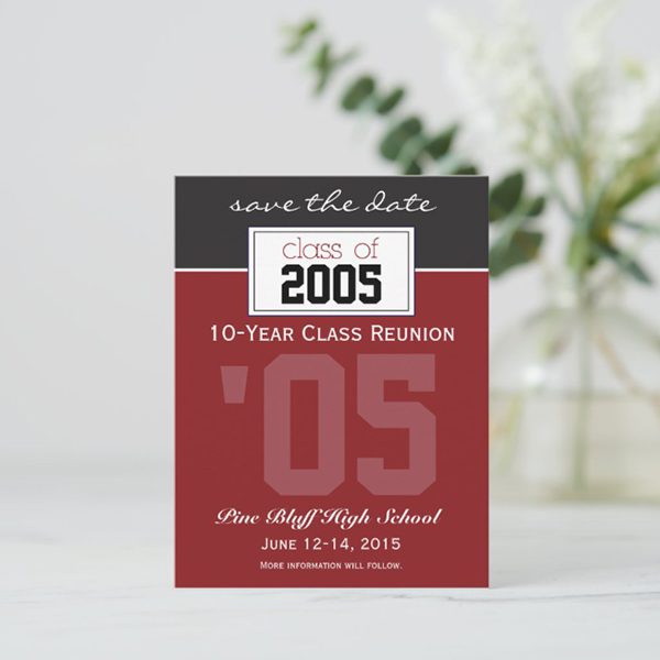 "10-Year class reunion save the date card."
